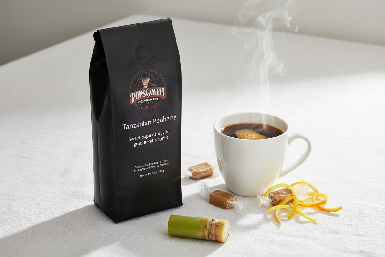Pops Coffee Company Tanzanian Peaberry bag on white linen with steaming coffee, toffee candies and citrus zest