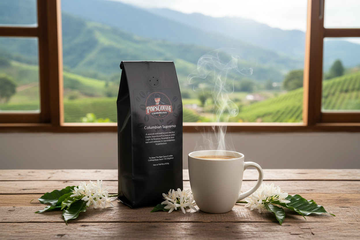 Pops Coffee Company Columbian Supremo bag on a rustic table with Colombian mountain landscape through window