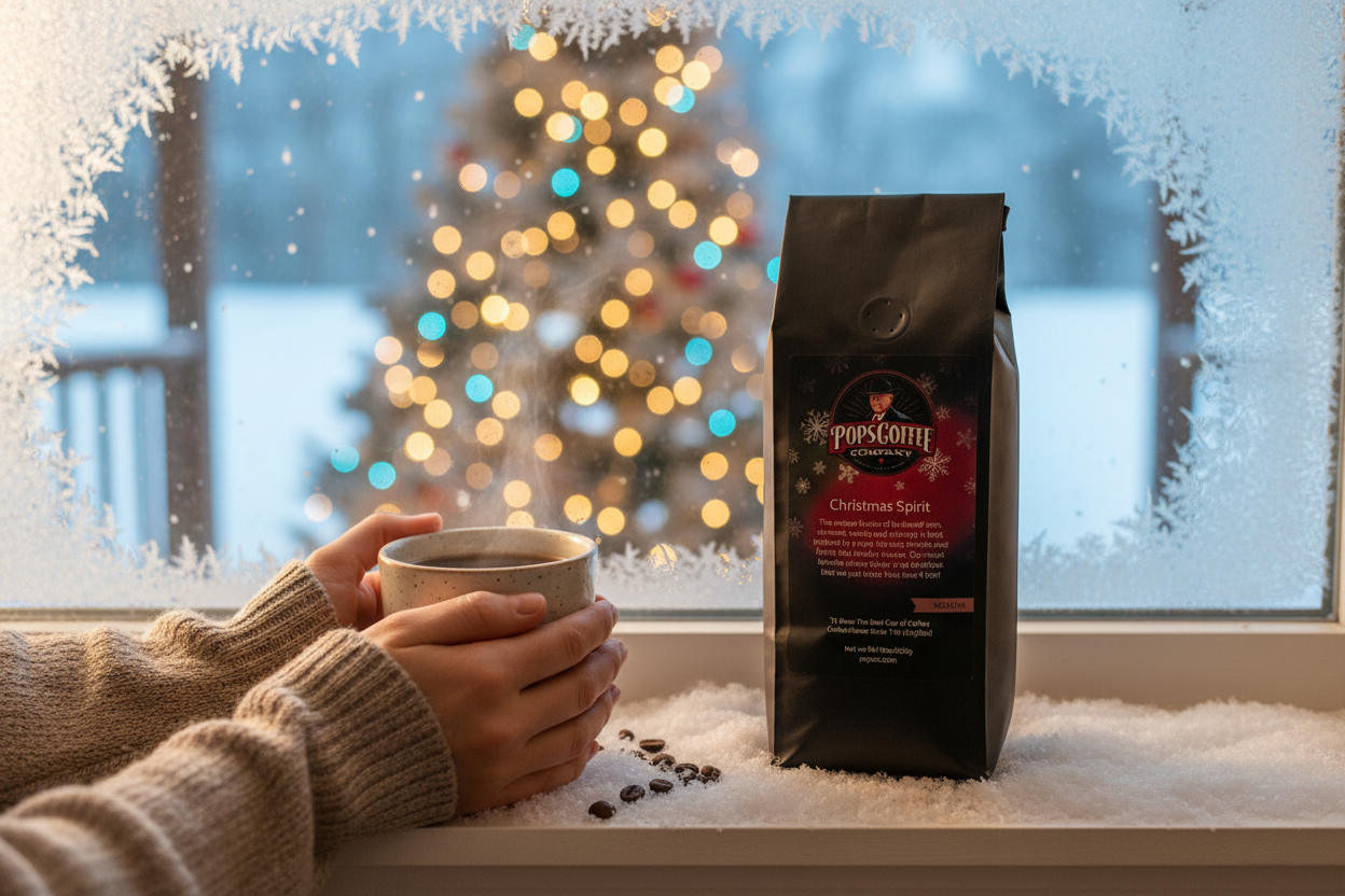 Pops Coffee Company Christmas Spirit bag on a snowy windowsill with frost and twinkling Christmas tree lights