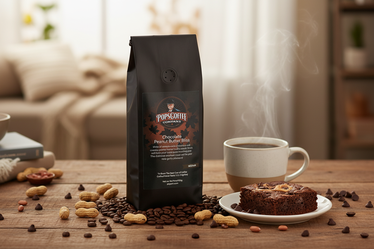 Pops Coffee Company Chocolate Peanut Butter Bliss bag on a wooden table with steaming coffee and chocolate peanut butter brownie