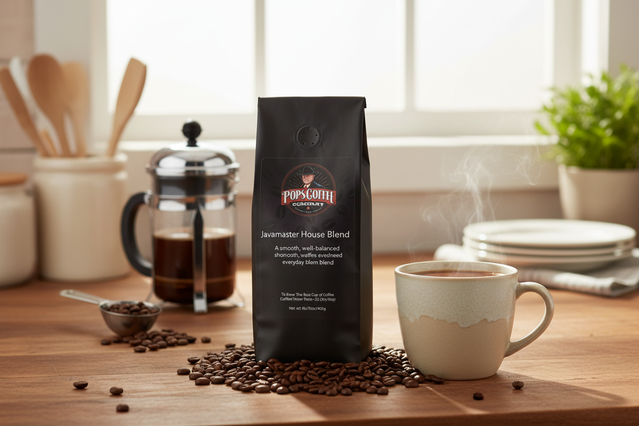 Pops Coffee Company Javamaster House Blend bag on a warm kitchen counter with steaming coffee and French press
