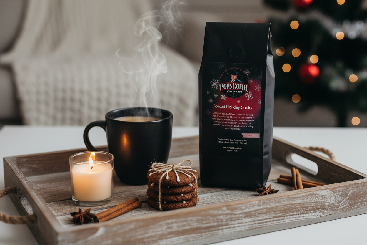 Pops Coffee Company Spiced Holiday Cookie bag on a rustic wooden tray with steaming coffee, gingerbread cookies and cinnamon sticks