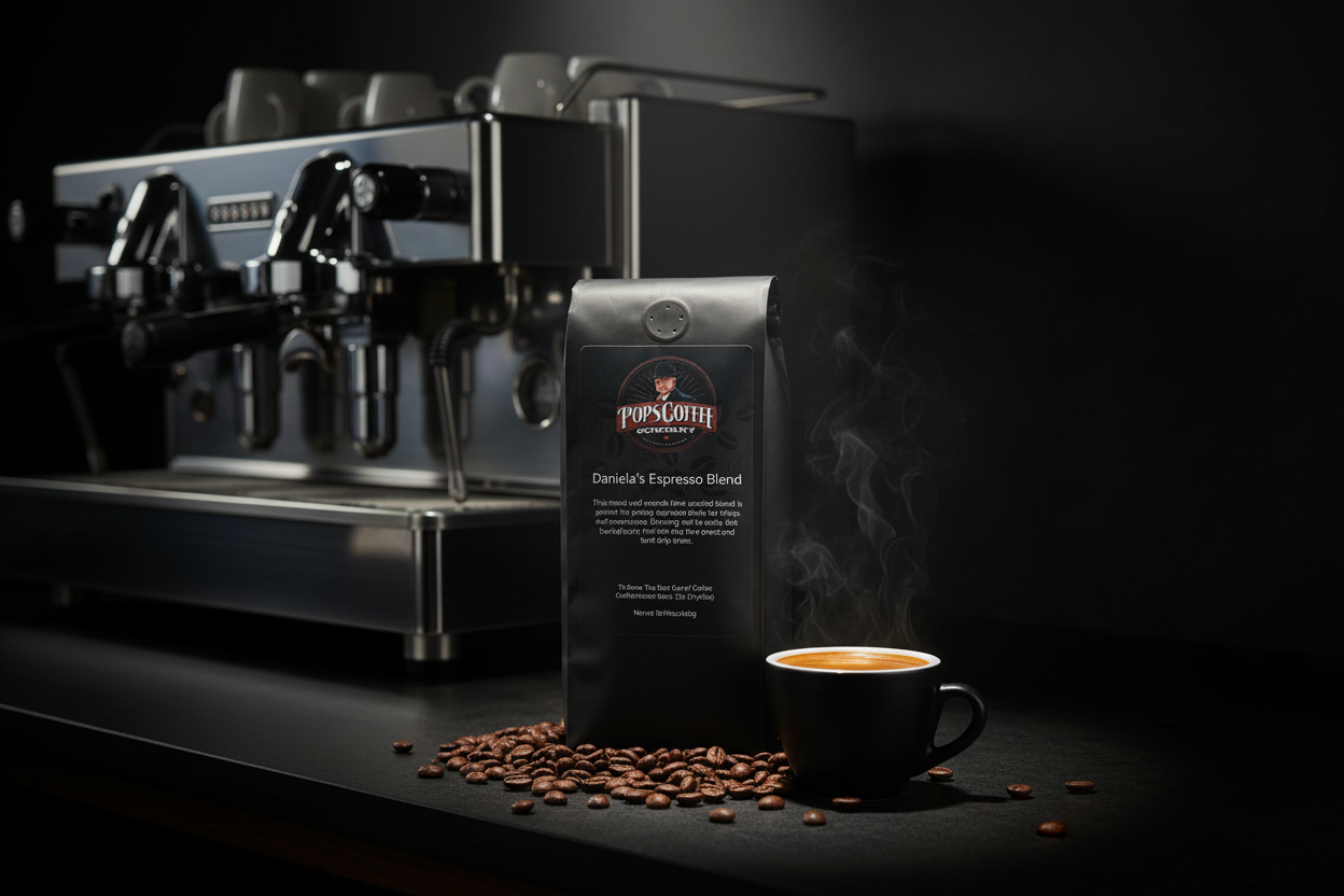 Pops Coffee Company Daniela's Espresso Blend bag on a dark espresso bar countertop with gleaming espresso machine