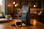 Pops Coffee Company Espresso Java Supreme bag on a cafe table with espresso shot, dark chocolate and lemon twist