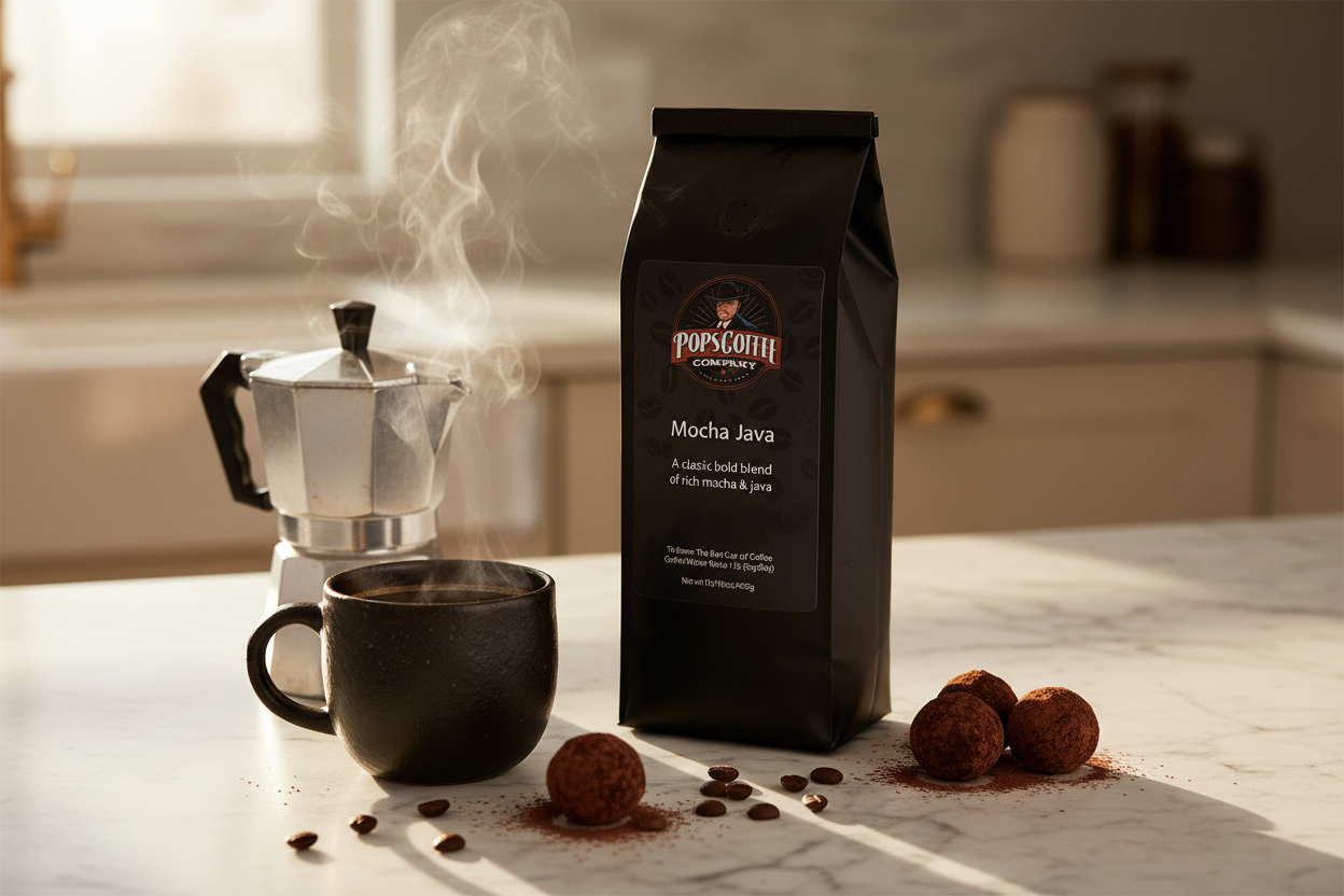 Pops Coffee Company Mocha Java bag on marble with bold rich coffee and dark chocolate truffles in warm morning light