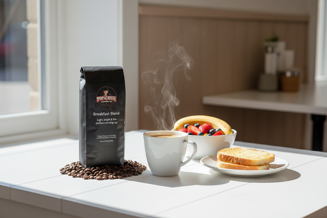 Pops Coffee Company Breakfast Blend bag on a bright white cafe table with steaming coffee, fresh fruit and buttered toast