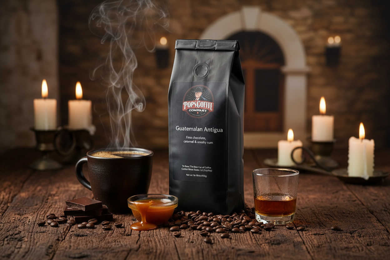 Pops Coffee Company Guatemalan Antigua bag on dark rustic wood with steaming coffee, chocolate, caramel and smoky rum