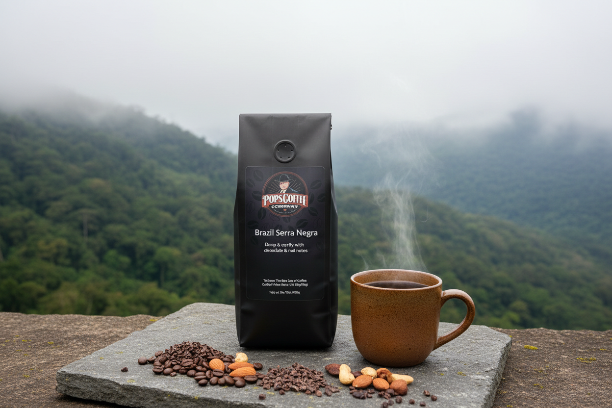 Pops Coffee Company Brazil Serra Negra bag on stone with lush Brazilian mountain forest and misty morning atmosphere