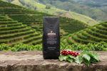 Pops Coffee Company Columbian Supremo bag on a stone surface at a Colombian coffee farm with Andean hillside terraces