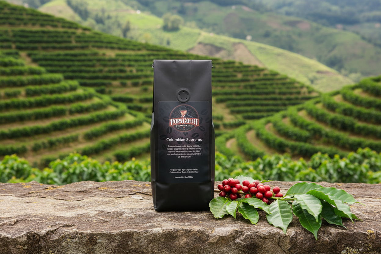 Pops Coffee Company Columbian Supremo bag on a stone surface at a Colombian coffee farm with Andean hillside terraces