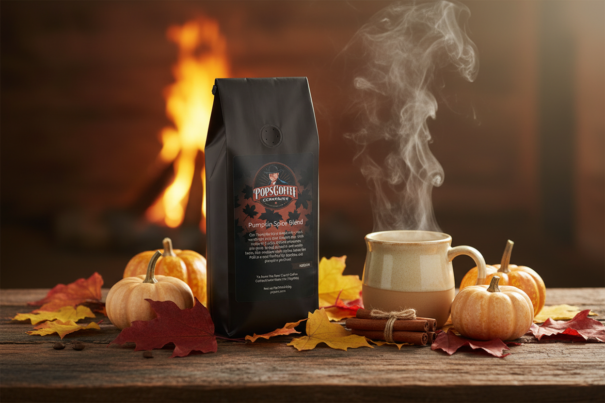 Pops Coffee Company Pumpkin Spice Blend bag on a wooden table with autumn leaves, small pumpkins and steaming mug
