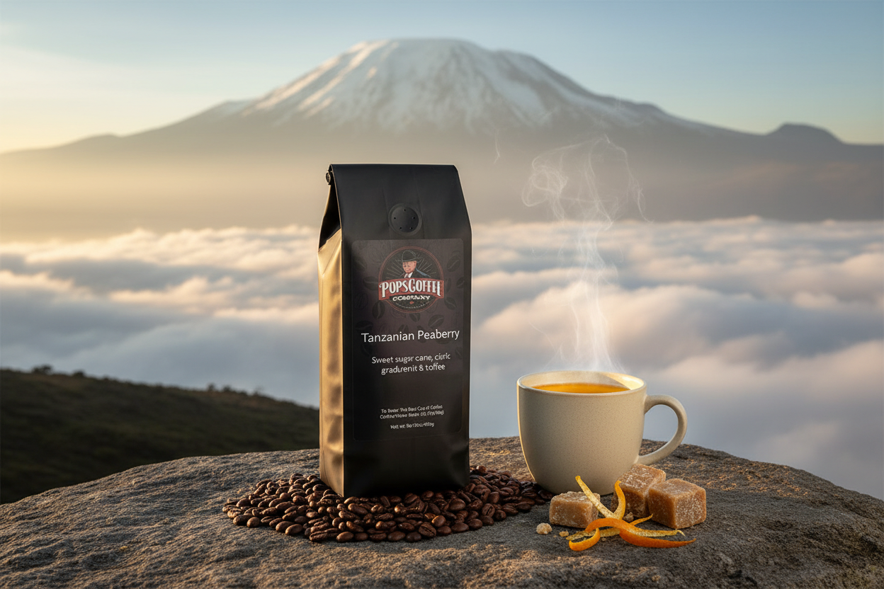 Pops Coffee Company Tanzanian Peaberry bag on stone with Mount Kilimanjaro in the background and toffee and citrus