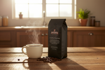 Pops Coffee Company Costa Rican Doka Estate bag on a rustic wooden table with a steaming mug of coffee in morning light