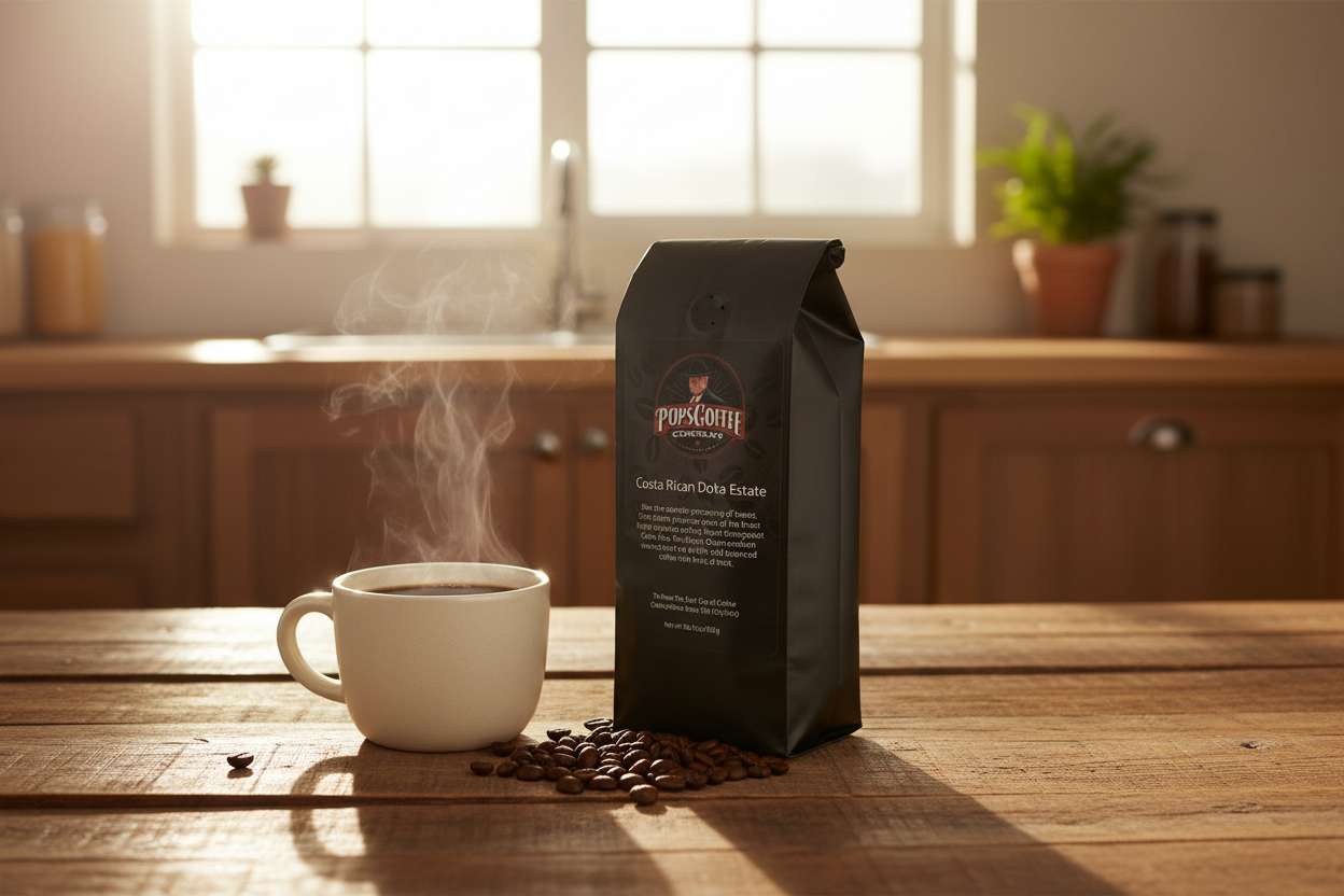 Pops Coffee Company Costa Rican Doka Estate bag on a rustic wooden table with a steaming mug of coffee in morning light