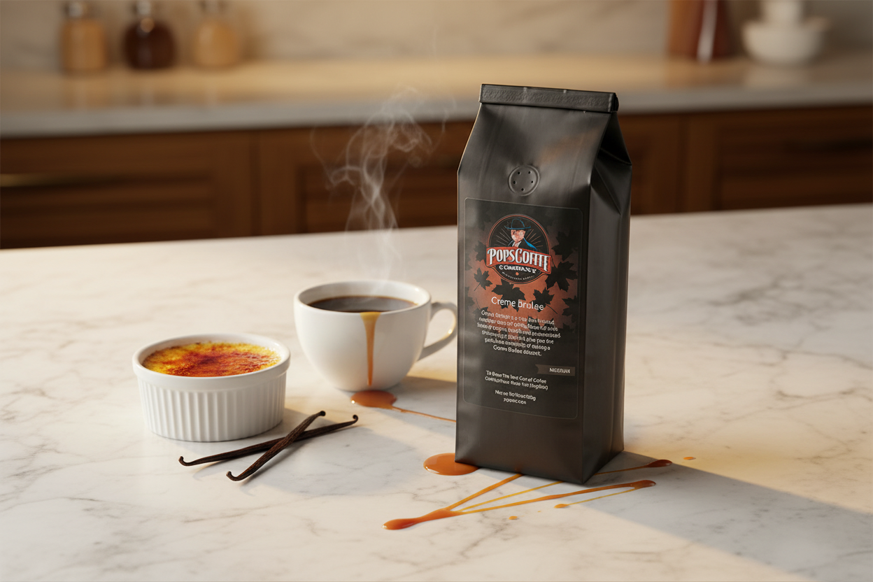 Pops Coffee Company Creme Brulee bag on marble beside a classic creme brulee dessert and steaming coffee