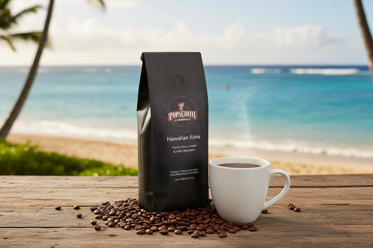 Pops Coffee Company Hawaiian Kona bag at a Hawaiian oceanfront cafe with steaming coffee and Pacific Ocean view