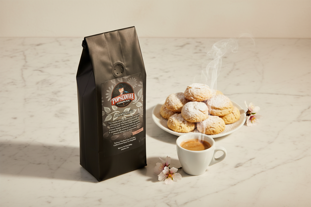 Pops Coffee Company Amaretti Cookie bag on Italian marble with amaretti cookies, espresso and almond blossoms