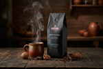 Pops Coffee Company Brazil Serra Negra bag on a dark rustic table with steaming coffee, dark chocolate and walnuts