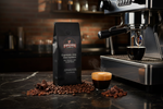 Pops Coffee Company Espresso Java Supreme bag on a dark marble espresso bar with rich crema shot and chocolate raisins