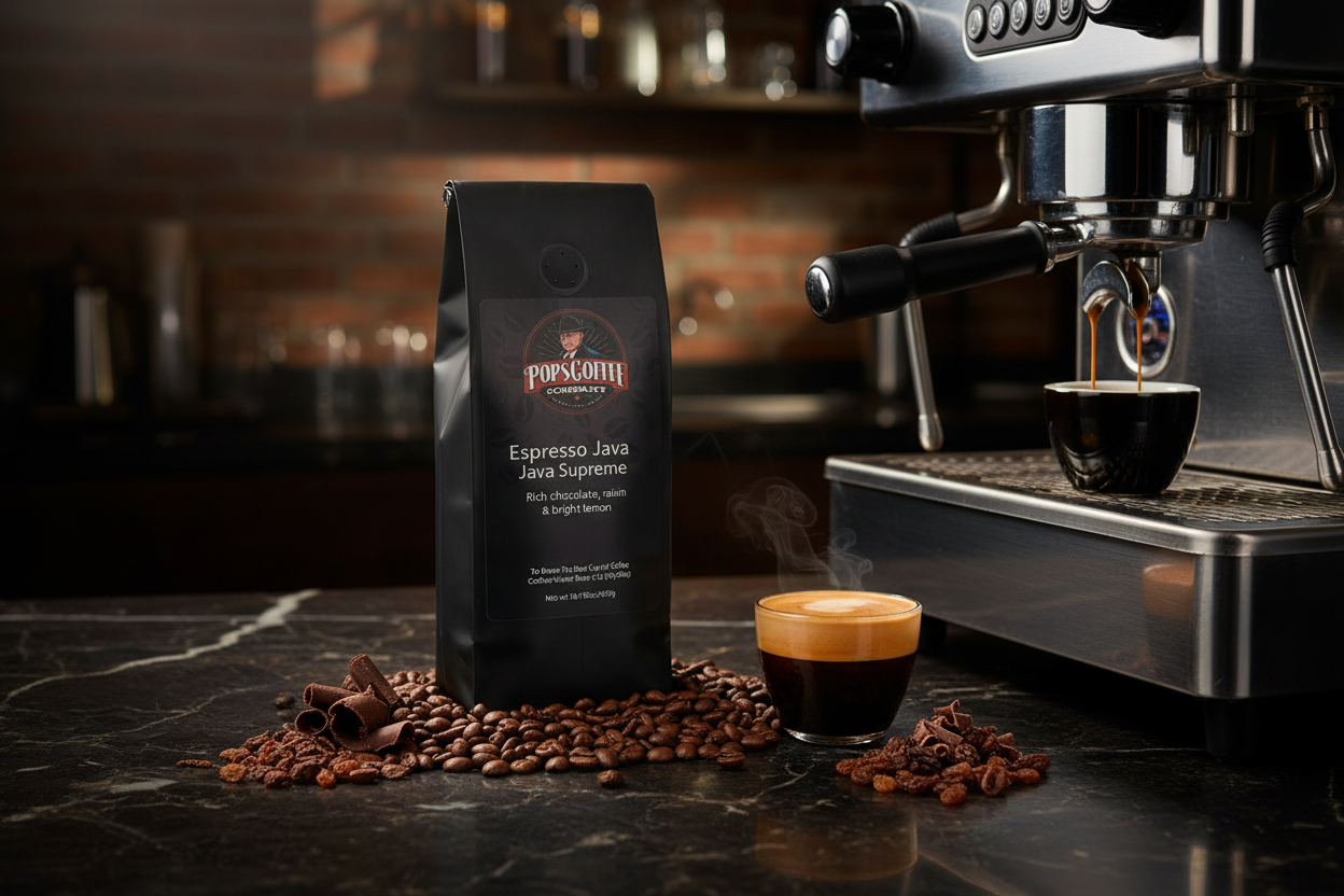 Pops Coffee Company Espresso Java Supreme bag on a dark marble espresso bar with rich crema shot and chocolate raisins