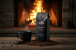 Pops Coffee Company French Roast bag on a dark wood table beside a roaring fireplace with bold smoky dark coffee