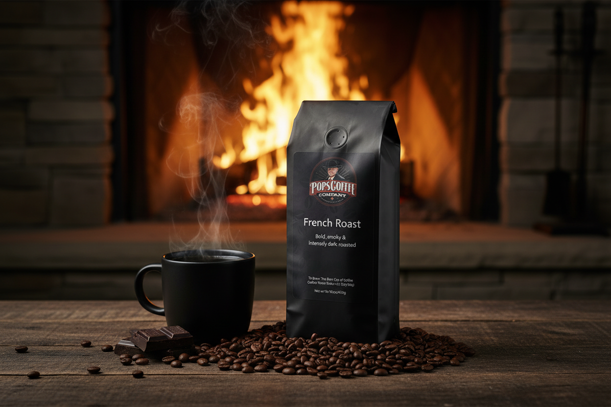 Pops Coffee Company French Roast bag on a dark wood table beside a roaring fireplace with bold smoky dark coffee
