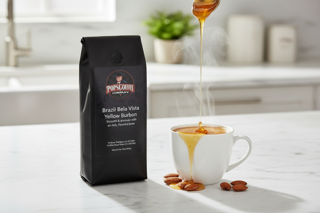 Pops Coffee Company Brazil Bela Vista Yellow Bourbon bag on white marble with steaming coffee and honey drizzle