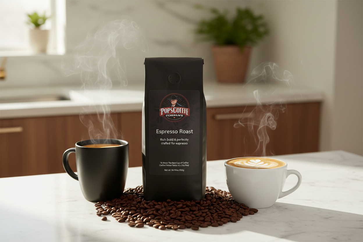 Pops Coffee Company Espresso Roast bag on marble with bold espresso coffee, latte art flat white and roasted beans