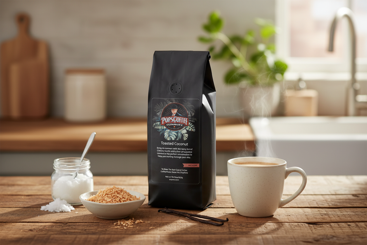 Pops Coffee Company Toasted Coconut bag on a rustic kitchen counter with steaming coffee and toasted coconut flakes