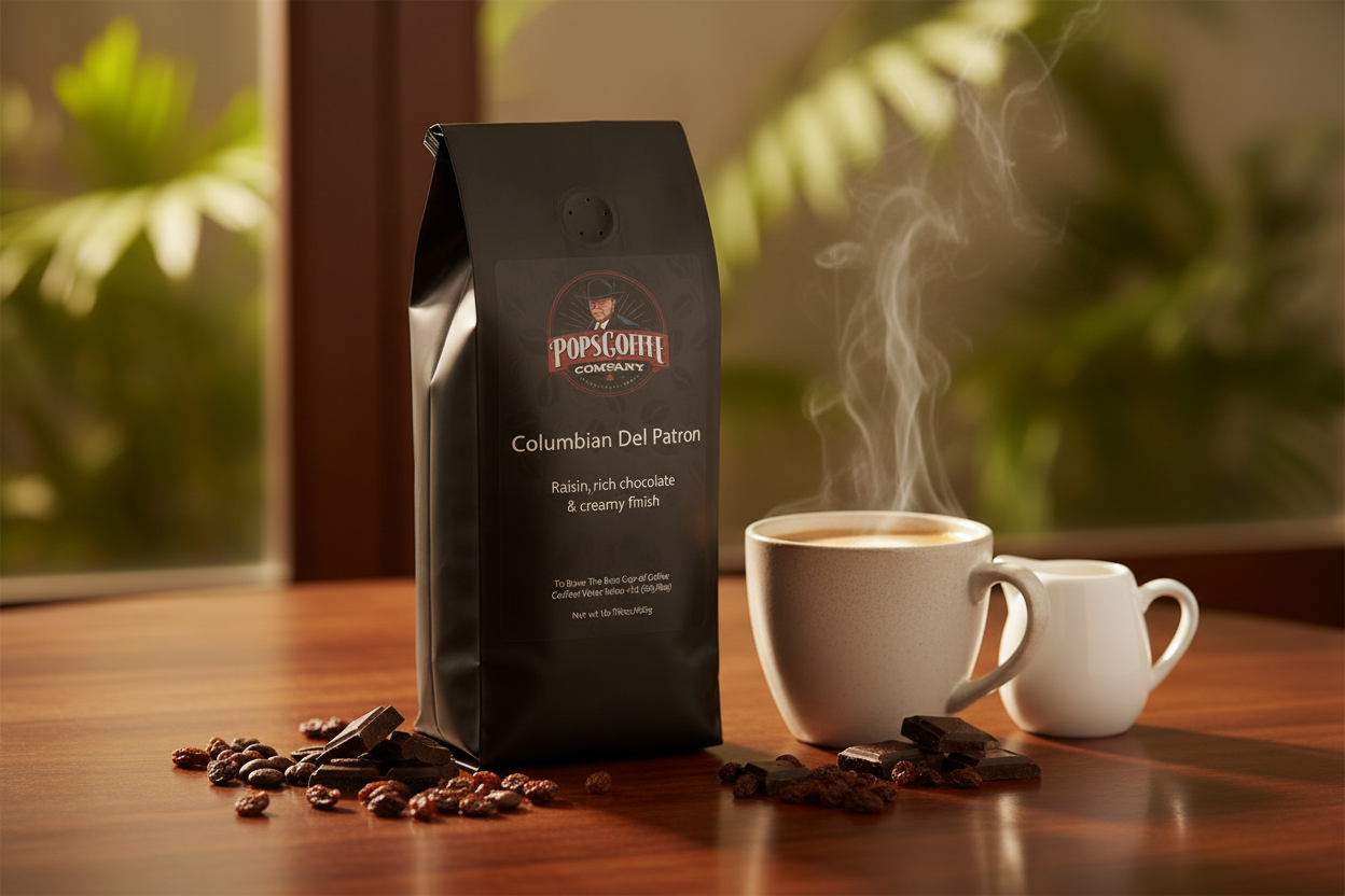 Pops Coffee Company Columbian Del Patron bag on a dark wood surface with steaming creamy coffee, raisins and chocolate