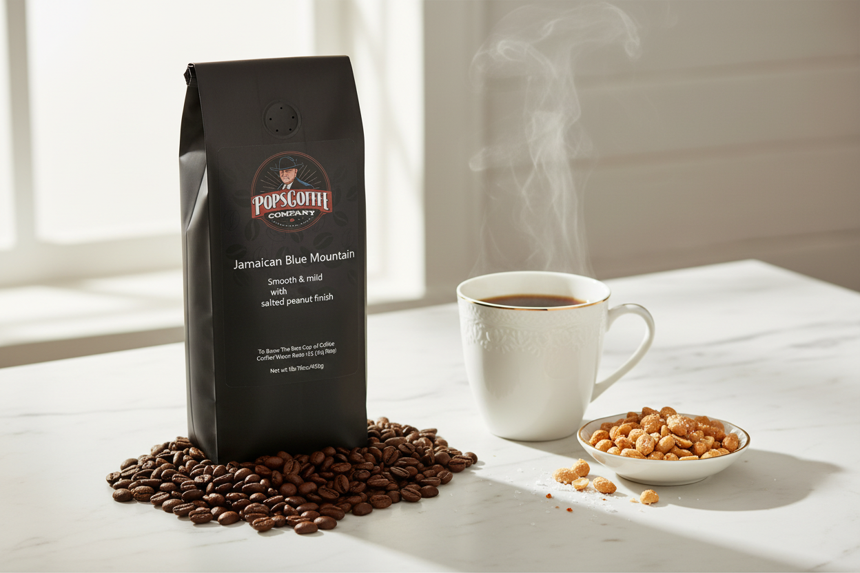 Pops Coffee Company Jamaican Blue Mountain bag on white marble with smooth mild coffee and salted peanuts