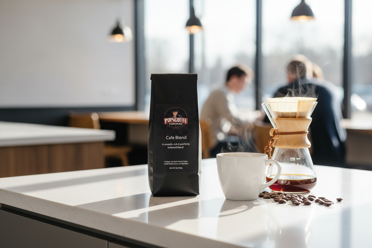 Pops Coffee Company Cafe Blend bag on a sleek modern cafe counter with steaming coffee and pour-over dripper