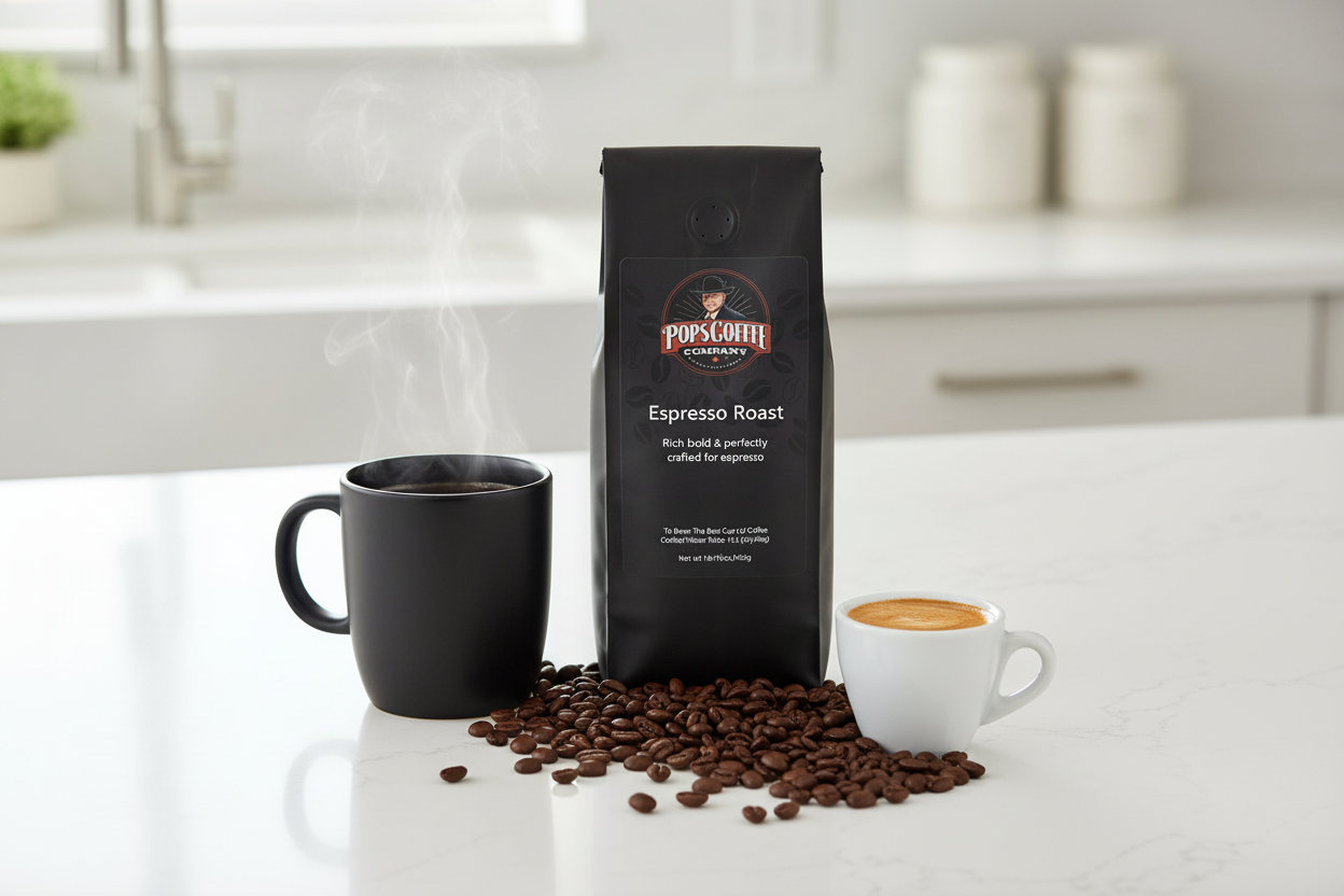 Pops Coffee Company Espresso Roast bag on a white kitchen counter with bold coffee, espresso cup with crema and roasted beans