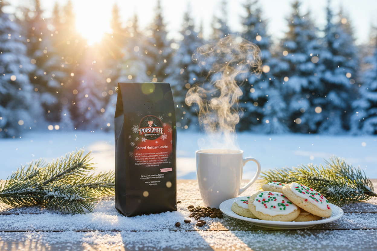 Pops Coffee Company Spiced Holiday Cookie bag on a snowy outdoor table with steaming mug, frosted cookies and pine branches