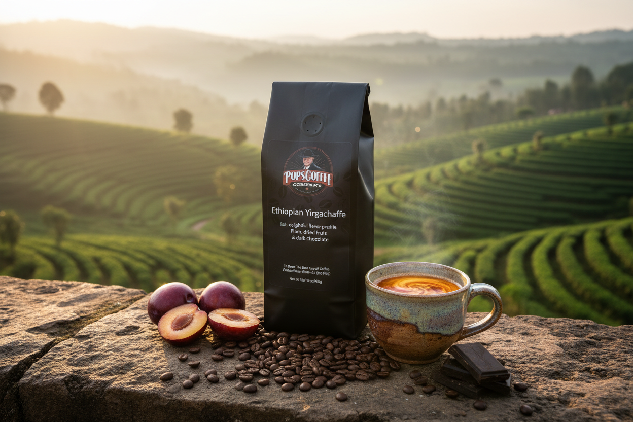 Pops Coffee Company Ethiopian Yirgachaffe bag on stone in the Ethiopian highlands with coffee terraces and plums
