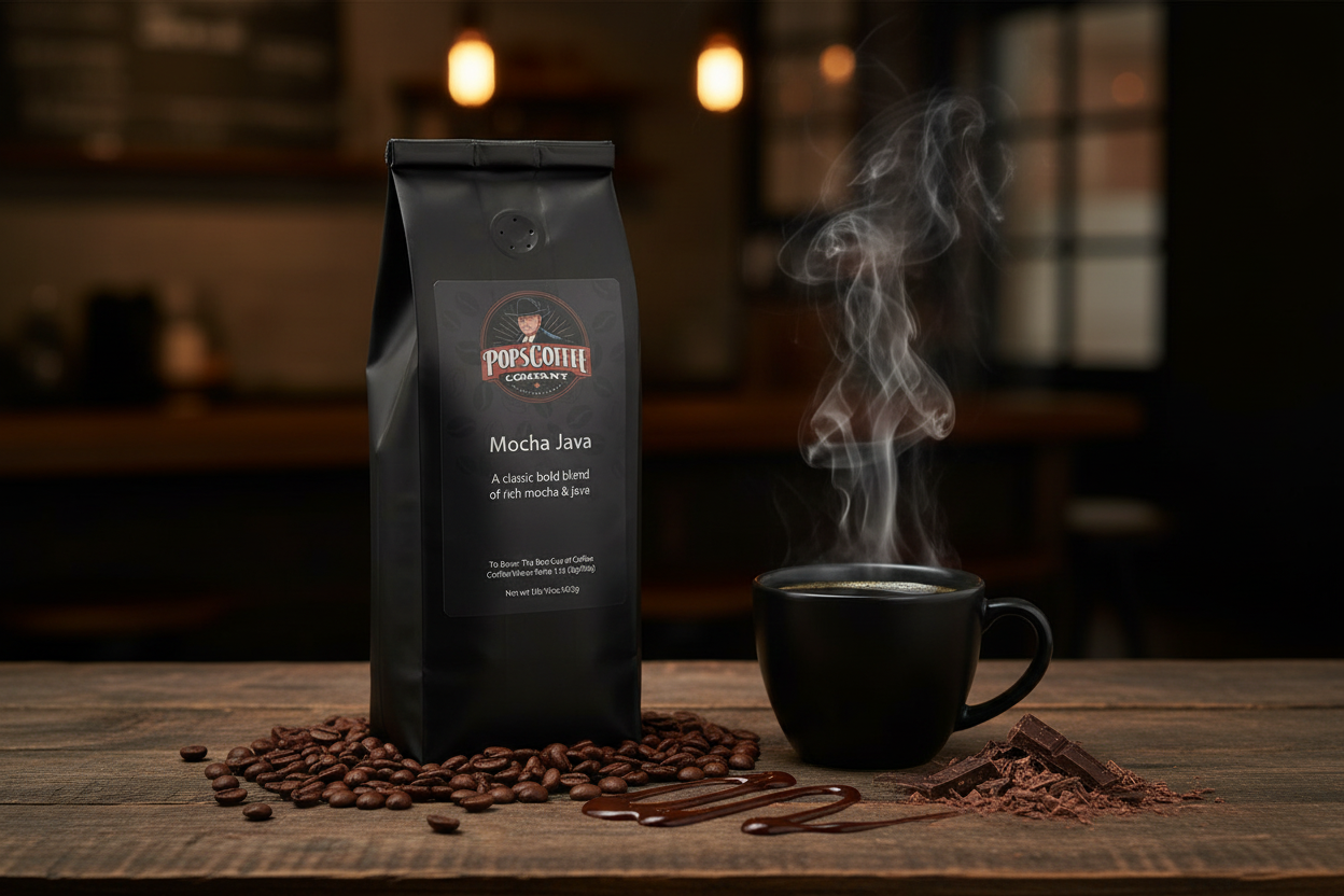 Pops Coffee Company Mocha Java bag on dark wood with steaming bold coffee and dark chocolate mocha sauce