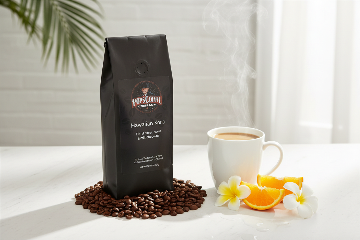 Pops Coffee Company Hawaiian Kona bag on white marble with smooth floral coffee, plumeria flowers and citrus slices
