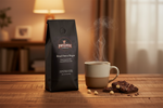 Pops Coffee Company Brazil Serra Negra bag on a warm wooden table with steaming dark coffee and dark chocolate bark