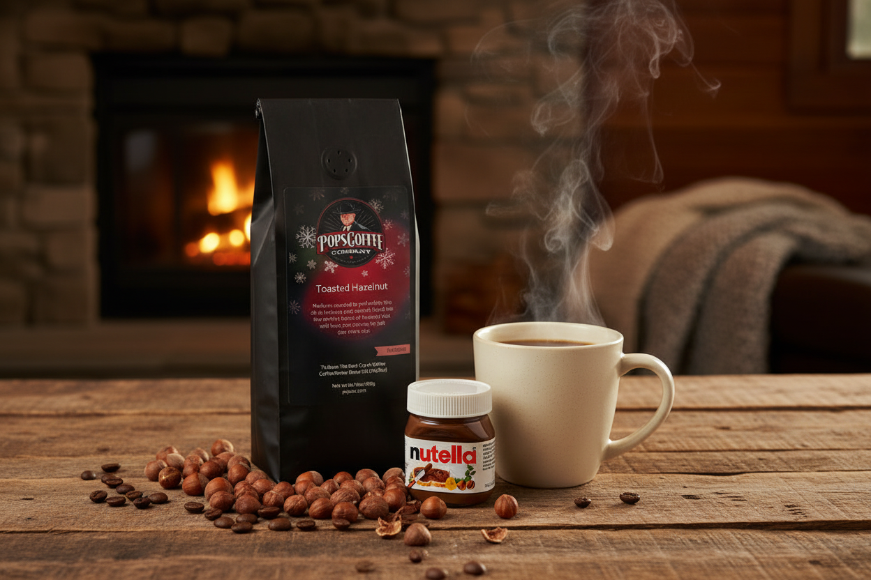 Pops Coffee Company Toasted Hazelnut bag on a rustic winter cabin table with steaming coffee, hazelnuts and warm firelight