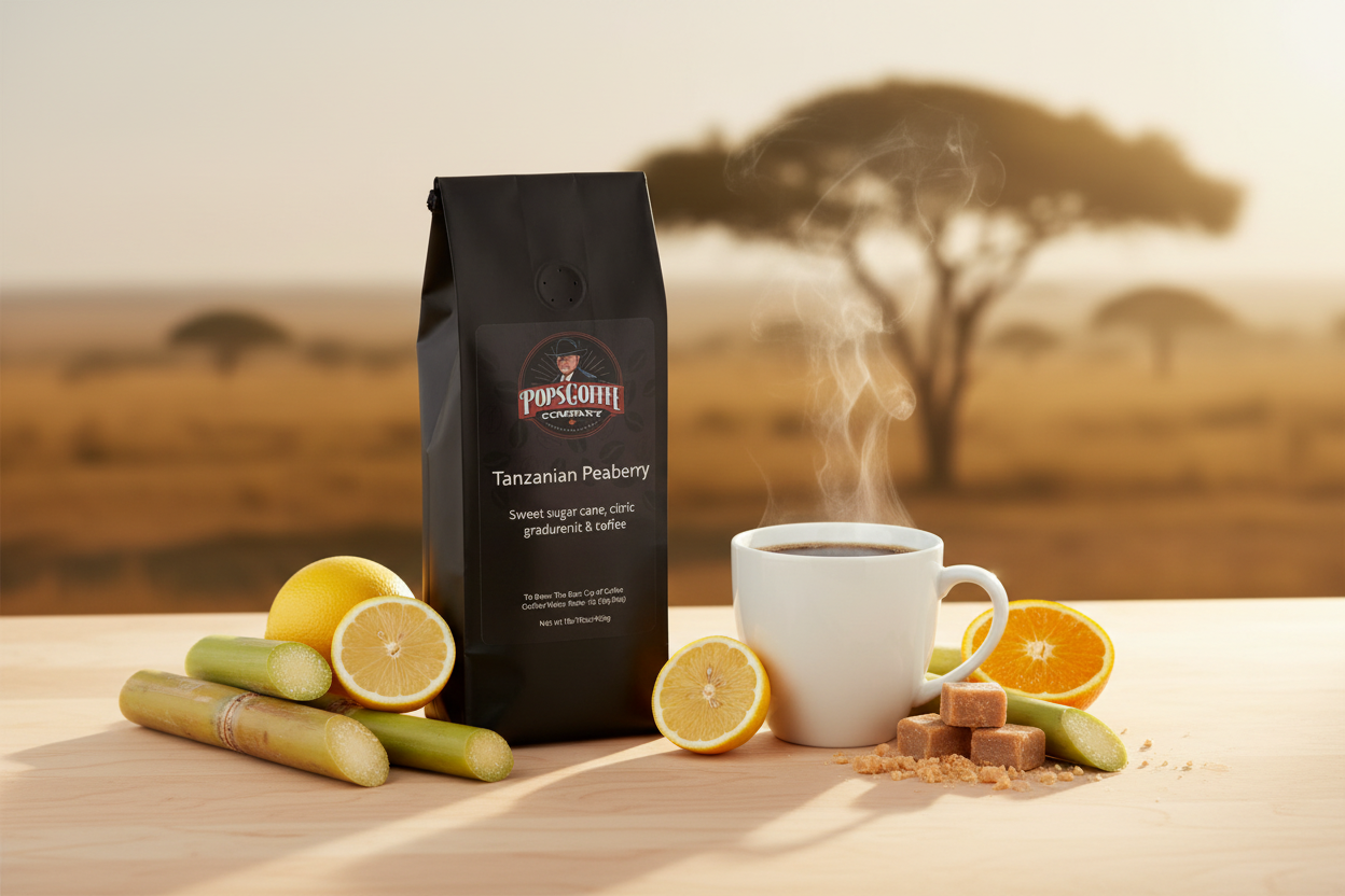 Pops Coffee Company Tanzanian Peaberry bag with steaming coffee, sugar cane, citrus slices and toffee pieces
