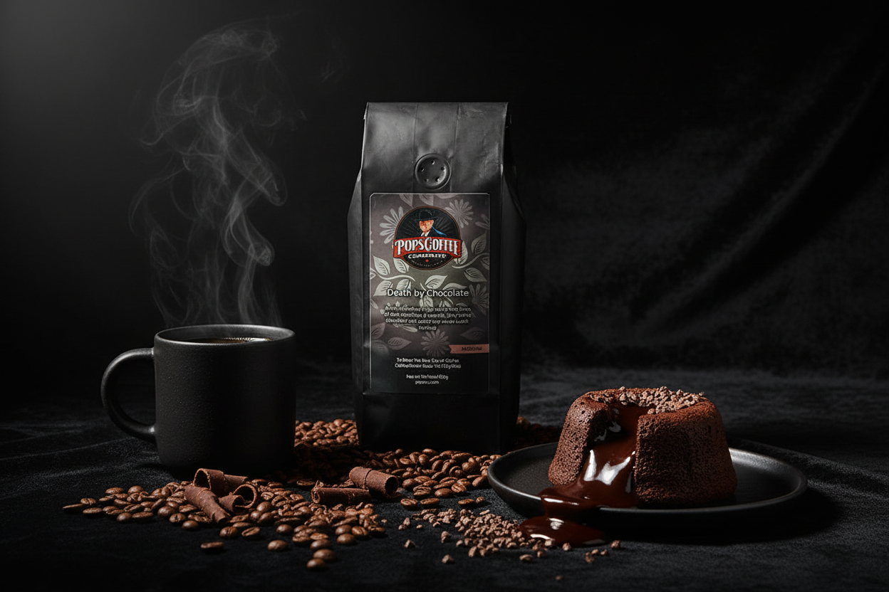 Pops Coffee Company Death by Chocolate bag on dark velvet with steaming coffee, chocolate lava cake and cocoa nibs