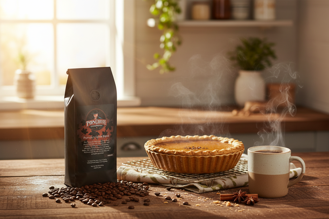 Pops Coffee Company Pumpkin Spice Blend bag on a kitchen counter with freshly baked pumpkin pie and steaming mug