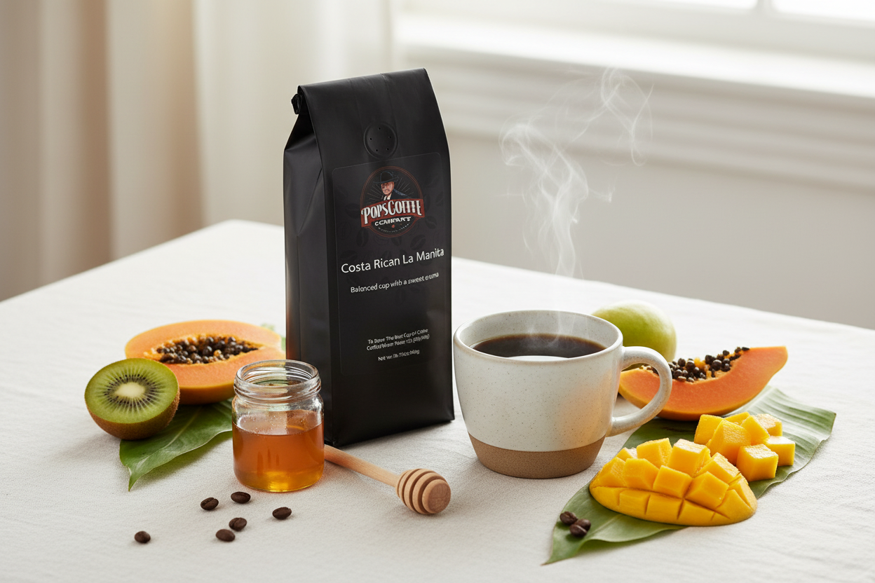 Pops Coffee Company Costa Rican La Manita bag on a white linen breakfast table with steaming coffee and tropical fruit