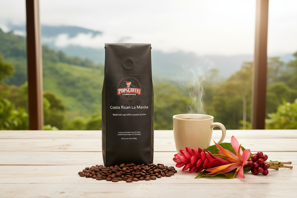 Pops Coffee Company Costa Rican La Manita bag on a wooden table with steaming coffee and lush Costa Rican cloud forest