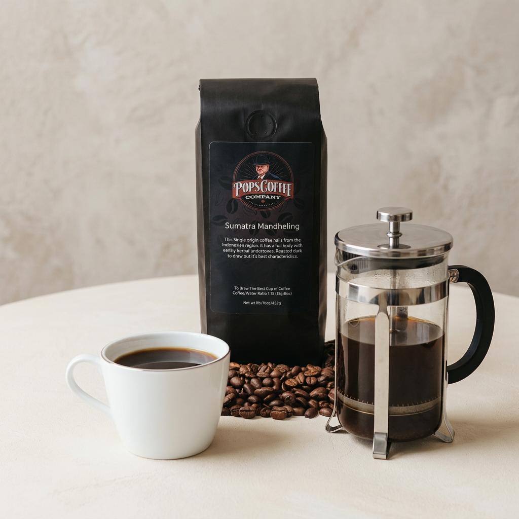 Sumatra Mandheling coffee bag with a cup of black coffee and a French press.