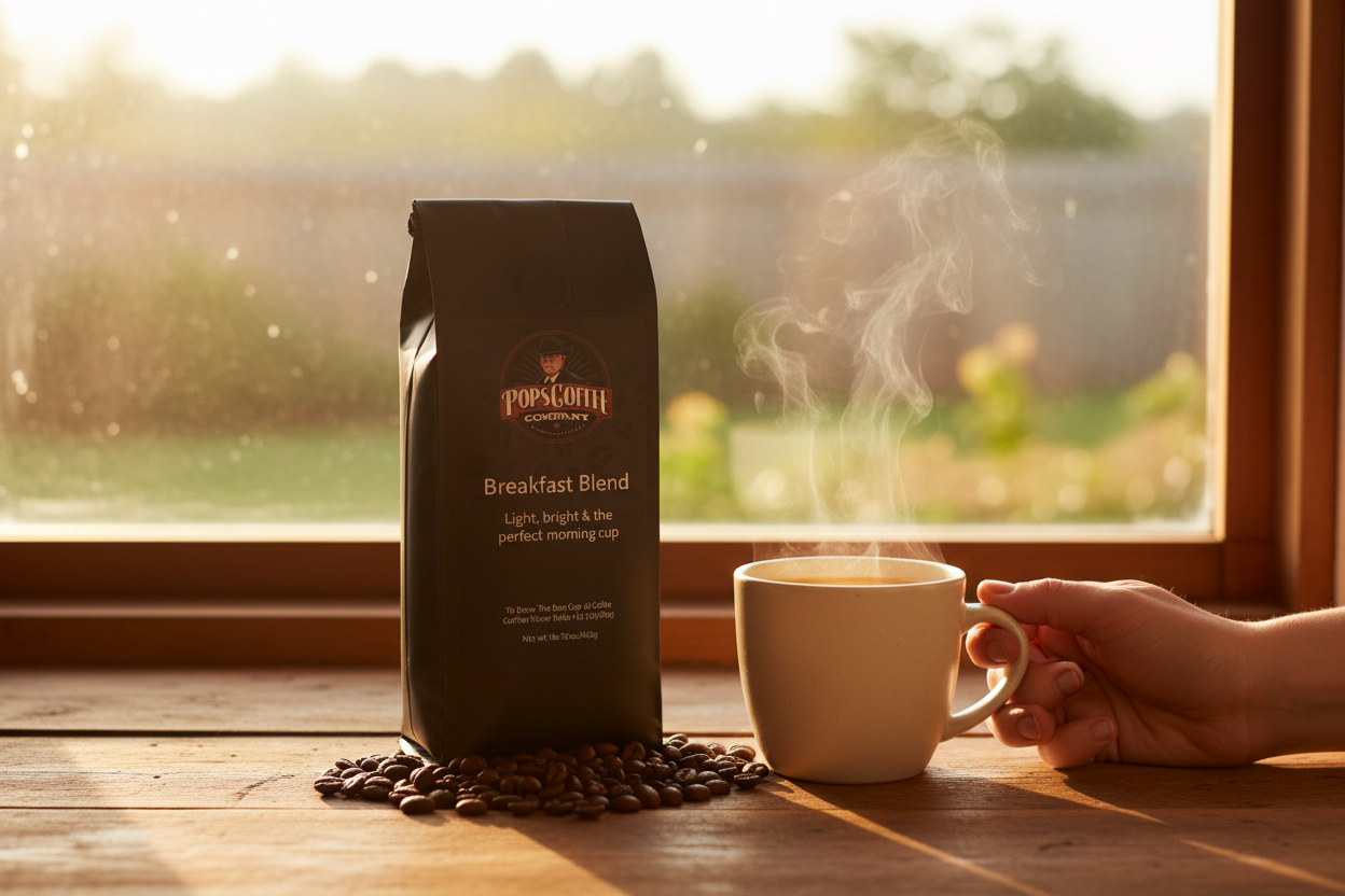 Pops Coffee Company Breakfast Blend bag on a kitchen windowsill at sunrise with steaming mug of light roast coffee