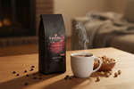 Pops Coffee Company Toasted Hazelnut bag on a warm wooden surface with roasted hazelnuts and steaming mug of coffee