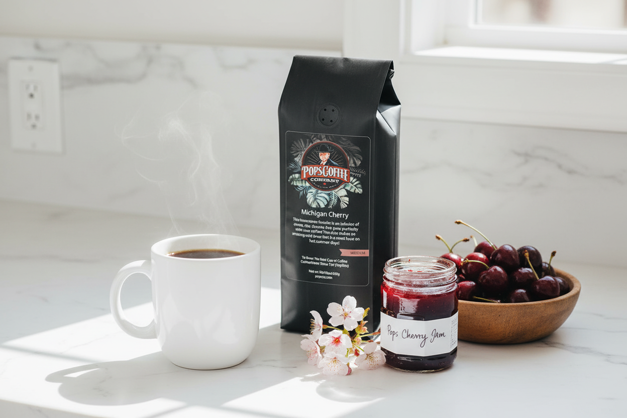 Pops Coffee Company Michigan Cherry bag on white marble with steaming coffee, fresh cherries and cherry blossoms