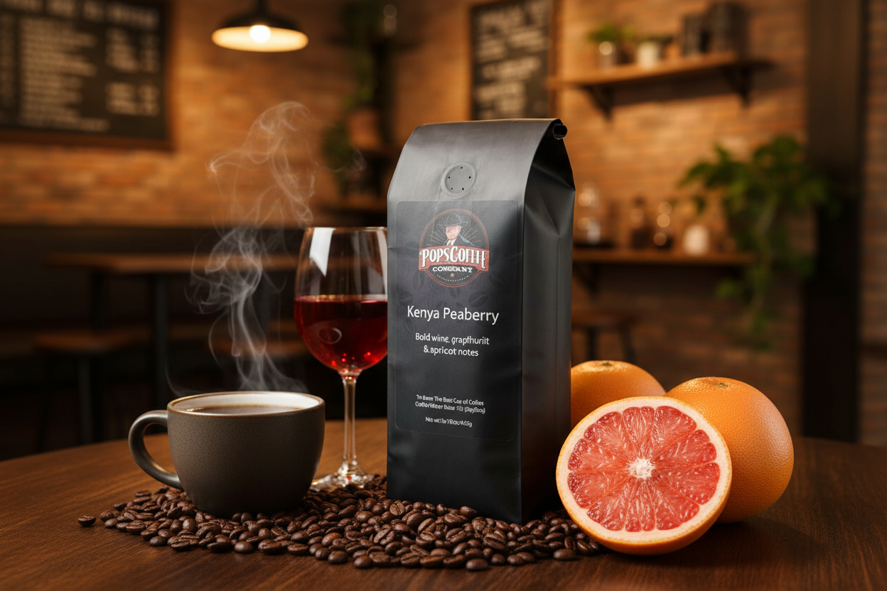 Pops Coffee Company Kenya Peaberry bag on a cafe table with bold vibrant coffee, red wine glass and grapefruit halves
