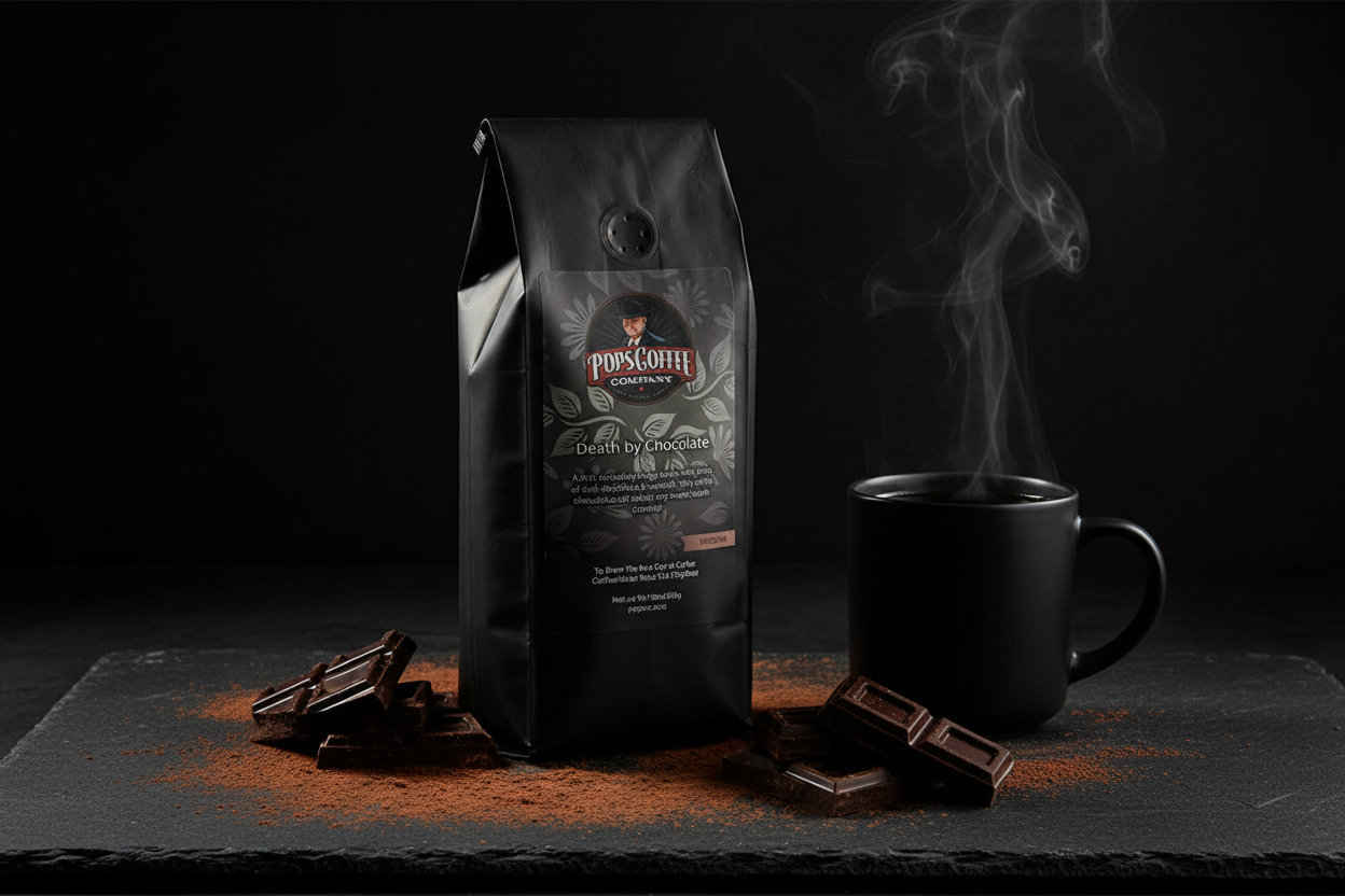 Pops Coffee Company Death by Chocolate bag on dark slate with chocolate shards, cocoa powder and steaming dark coffee